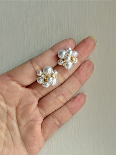 Imitation Pearl Cluster Stud Earrings Gold Tone Modern Bridal Women UK Gift
