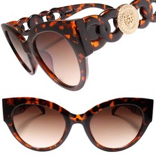 Gold Lion Head Medallion Chain Temple Retro Womens Cat Eye Tortoise Sunglasses