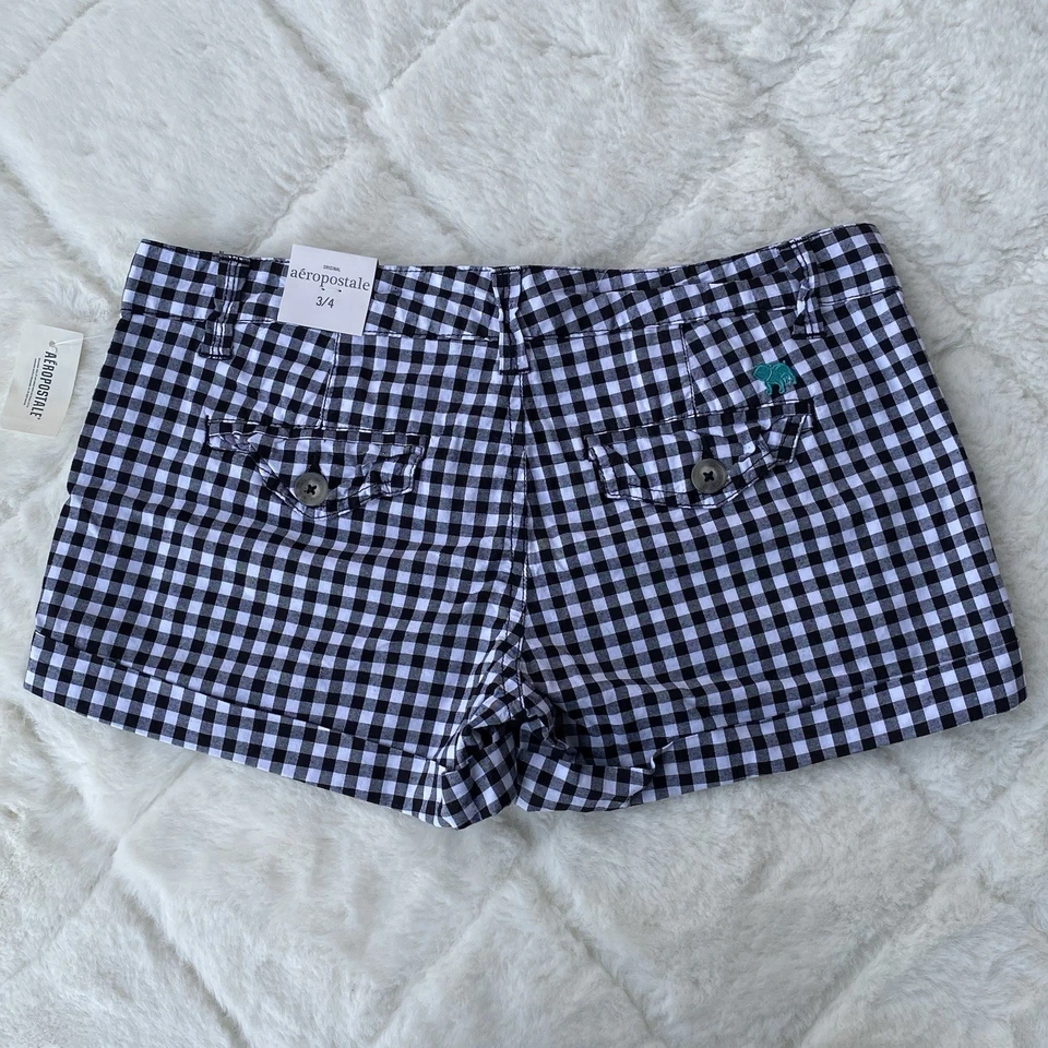 Pantalones cortos chinos Aeropostale 2012 talla 3/4 negros blancos a cuadros tiro bajo nuevos con etiquetas Foto 3 de 4