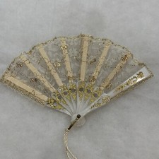 Vintage Plastic Hand Held Fan Floral Lace With Gold Accent