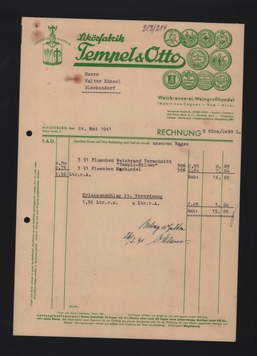 MAGDEBURG, Rechnung 1941, Likör-Fabrik Tempel & Otto Wein-Brennerei