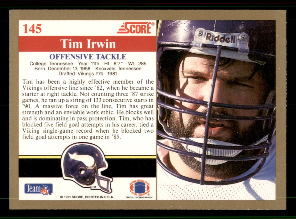 1991 Score Tim Irwin 145 Minnesota Vikings eBay