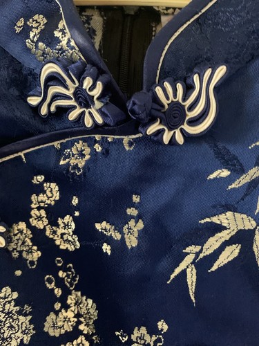 Marineblau & Gold Seide asiatisch Kimono Stil Knoten Knopf Ärmel M Zierlich Etuikleid - Bild 7 von 13