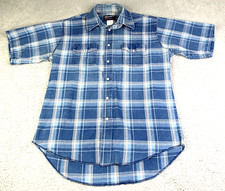 VTG Wrangler Shirt Mens Measurements For Siz Pearl Snap Blue Short Sleeve
