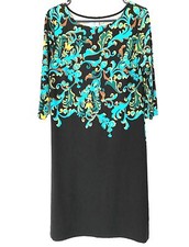 MADISON Shift Dress Stretch Womens Size S Career ¾ Sleeves Black & Blue Paisley 