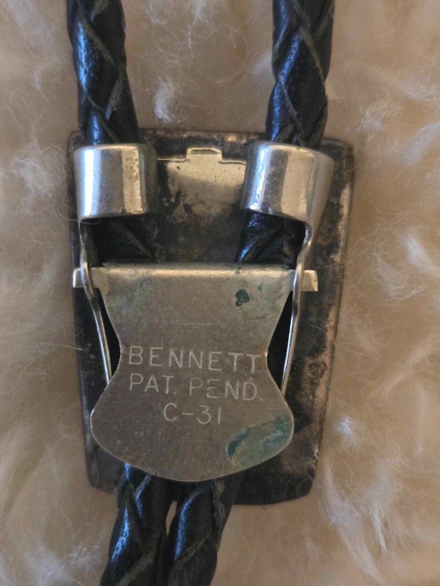 Vintage Sterling Silver Bolo Tie Turquoise Inlay Bennett Pat Pend 
