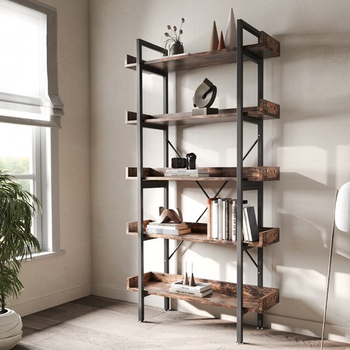 5 Tiers Wooden Rustic Industrial Bookshelf Storage Shelving Unit Free Standing - Picture 6 of 17