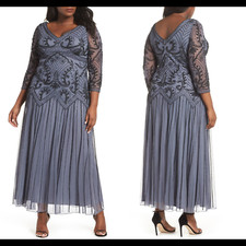 NWT Pisarro Nights Embellished Double V-Neck Long Dress in Grey [SZ 18W ] #G594