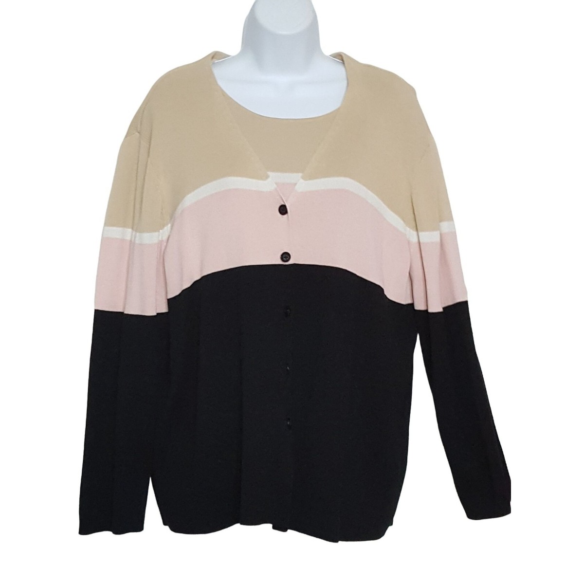 Womens Twin Set XL Cardigan Top Black Pink Beige Stripe 2 PC