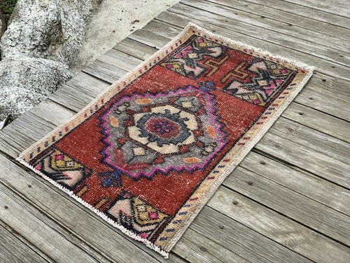 Turkish Vintage Oushak Handmade Geometric Wool Farmhouse Antique Rug 1.8x2.9 ft - Picture 1 of 11