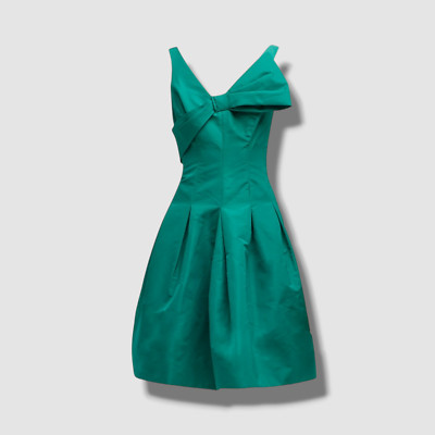 $630 Rickie Freeman For Teri Jon Women's Green Bow-Front Pleated Dress Size 18