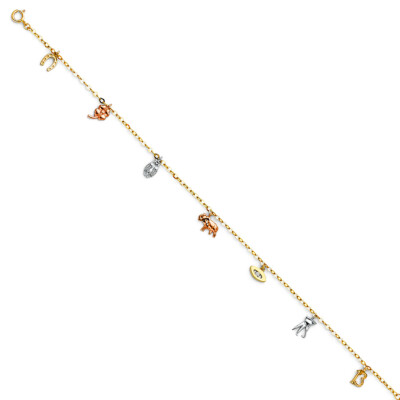 14K Gold Kleeblatt, Hufeisen, Elefant, Eule, Evil Eye Glücksbringer Fußkette - 9+1 Zoll