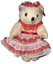 12  Beige Teddy Bear Jointed Arms Legs Plush Toy Stuffed Animal Red White Lace