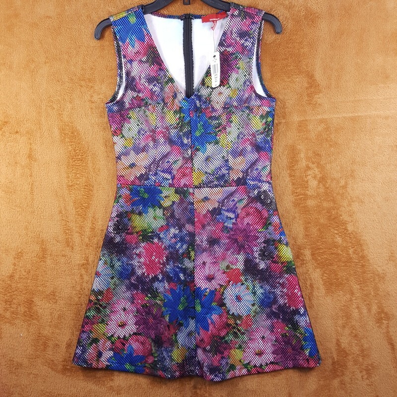 SAKS FIFTH AVE Dress Womens Small Blue Floral Fit Flare Mini Big Flowers  Stretch