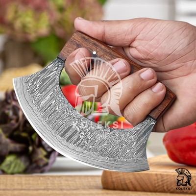 ONE HANDED ROCKER DAMASCUS ULLU KNIFE WITH SHEATH 5.5 INCHES