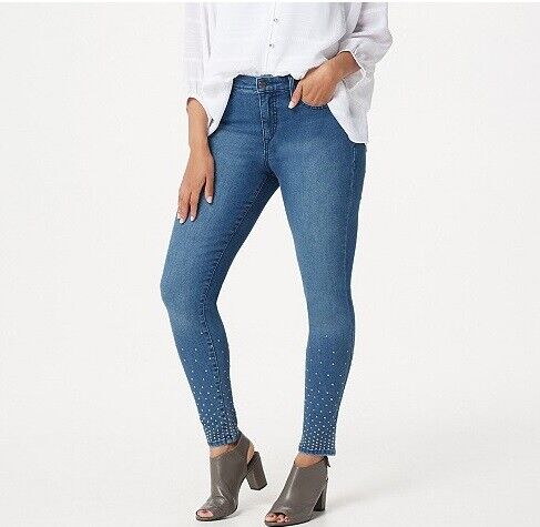 H Halston Premier Denim Nieten Ankle Jeans Neu Medium Indigo Blau - Bild 1 von 15