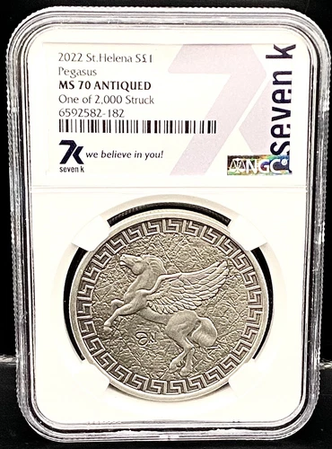 2022 St Helena 1oz Silver Pegasus NGC MS70 Antiqued Coin