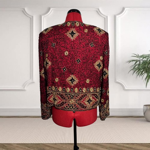 Papell Boutique Evening Vintage Beaded Red Jacket Size PL - Picture 3 of 9