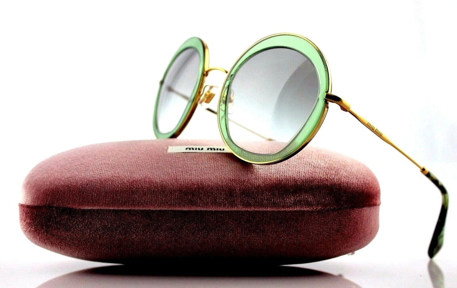 RARE NEW Genuine MIU MIU Transparent Green Gold Round Sunglasses SMU 50Q  TWN-1E0