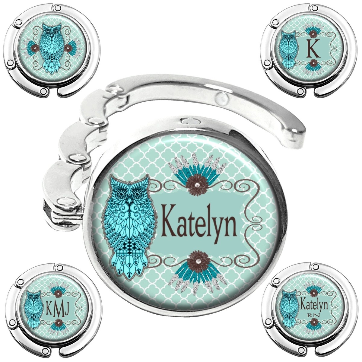 Personalized Folding Bag Hanger Turquoise Owl Handbag Hook for Table Desk