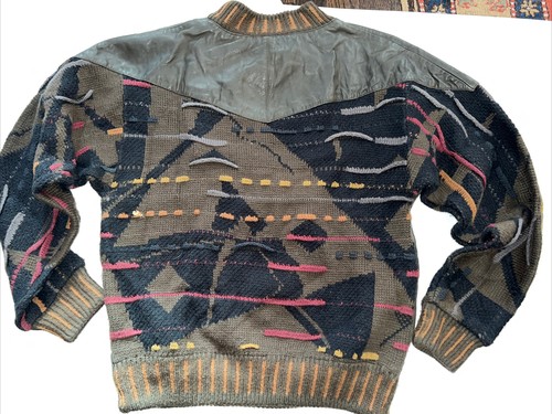 VTG 90s Saxony LLeather Knit Sweater HipHop Coogi Style multi color Texturized - Picture 3 of 5