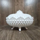Vintage Fenton Footed White Hobnail Milk Glass Oval Lidded Covered Candy Dish