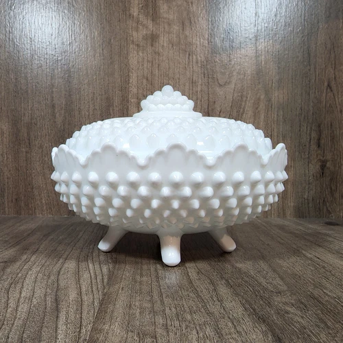 Vintage Fenton Footed White Hobnail Milk Glass Oval Lidded Covered Candy Dish
