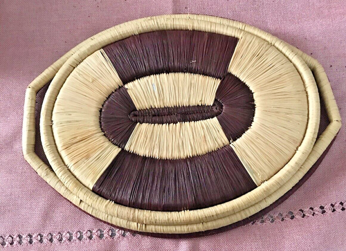 Handmade Woven Raffia Coiled African Tray Brown/Beige 12 x 10 Boho Wall Art - Picture 2 of 4