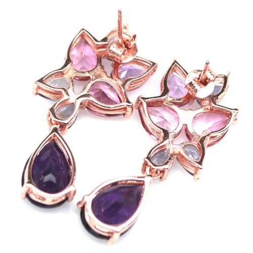 925 Plata de Ley 8 x 12 Mm. Morado Amatista, Topacio Y Iolita Pendientes - Imagen 3 de 4