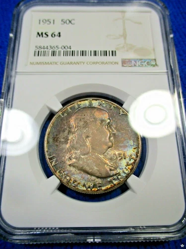 1951 FRANKLIN HALF DOLLAR Ms64 SATIN PASTEL CHROMATIC CHAMELEON DUAL TONED GEM