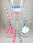 Baseballs Or Bows Baby Gender Reveal Party Cups Set/12 WITH Lids Straws