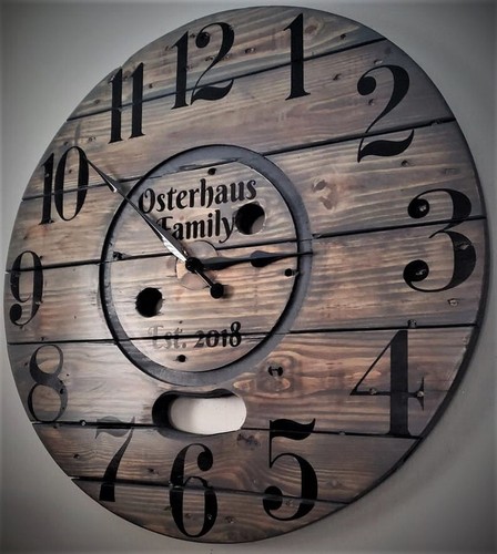 Farmhouse Wood Spool Wall Clock - 24 IN Round Wooden Clock - Personalized Gift - Picture 3 of 8