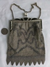 ART DEC0 Painted Mesh Purse/Evening Bag Silvertone Enamelled Frame & Chain