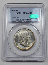 1958 D 50c Franklin Half Dollar PCGS MS66 FBL CAC Green Bean Toned *K1022