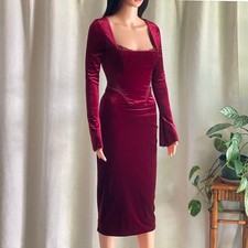NWOT House of CB Solaine Velvet Corset Midi Dress Red Burgundy Long Sleeve XS