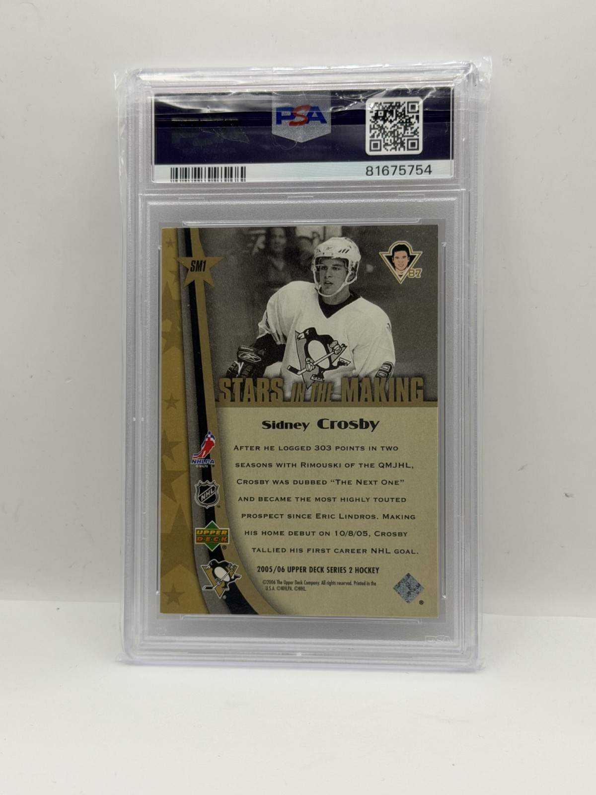 2005-06 Upper Deck - Stars in the Making Sidney Crosby #SM1 (RC) PSA 9 Mint view 2