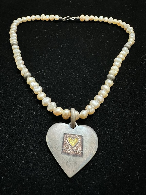 Rare Pink Fresh Pearl Helen Hosking Heart Pendant Gold Leaf Inlay Necklace