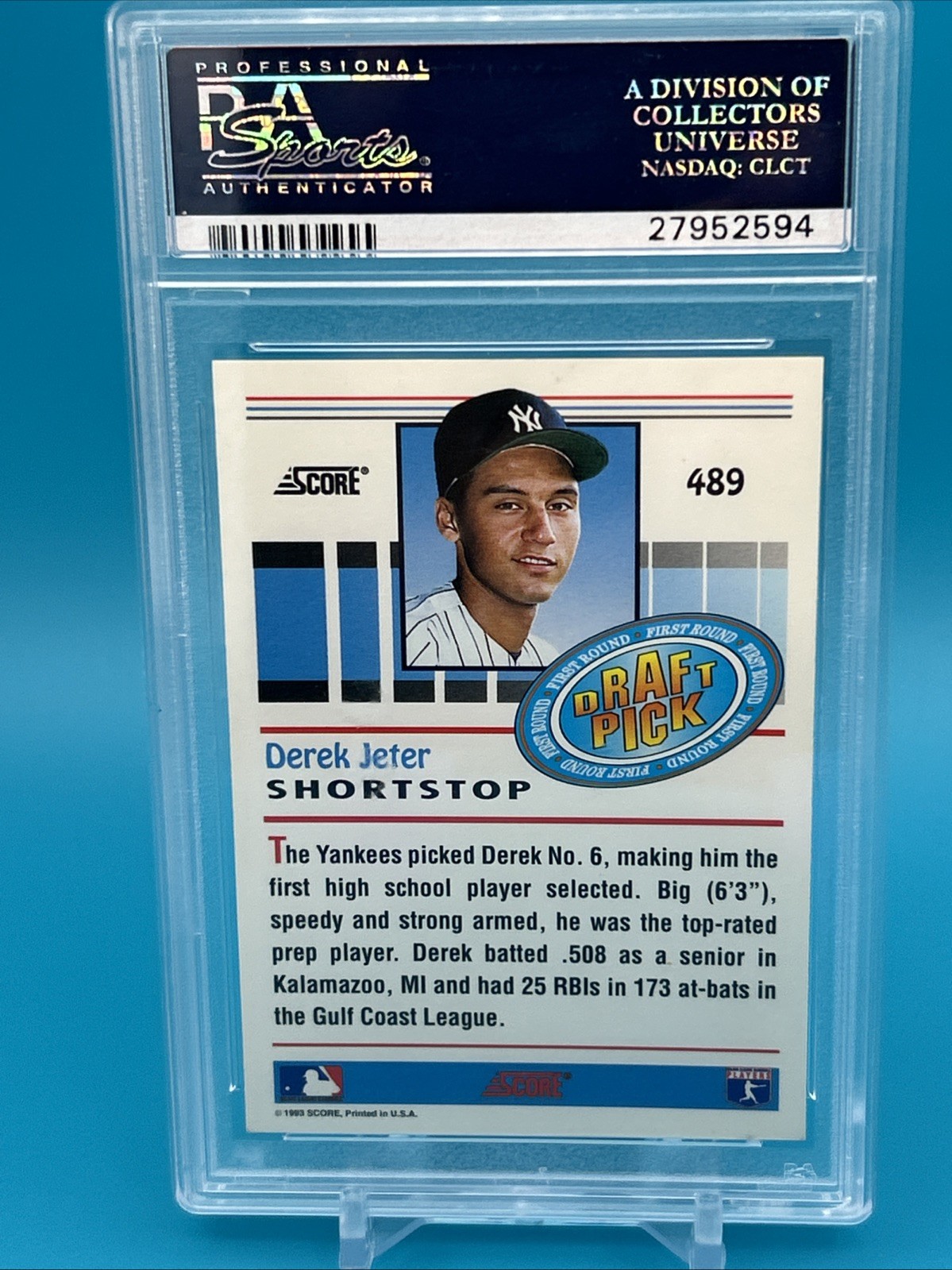 1993 Score Derek Jeter #489 RC Rookie PSA 10  view 3
