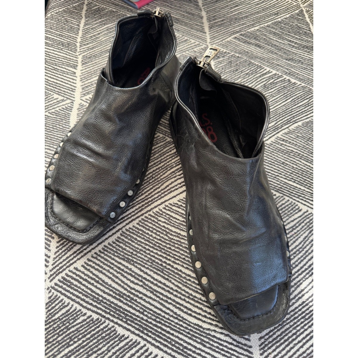 AS98 Leather Studded Open Toe Ankle Booties Black Zipper Detail