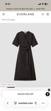 Everlane Women's The Linen Wrap Midi Dress Medium Black Belted Short Sleeve