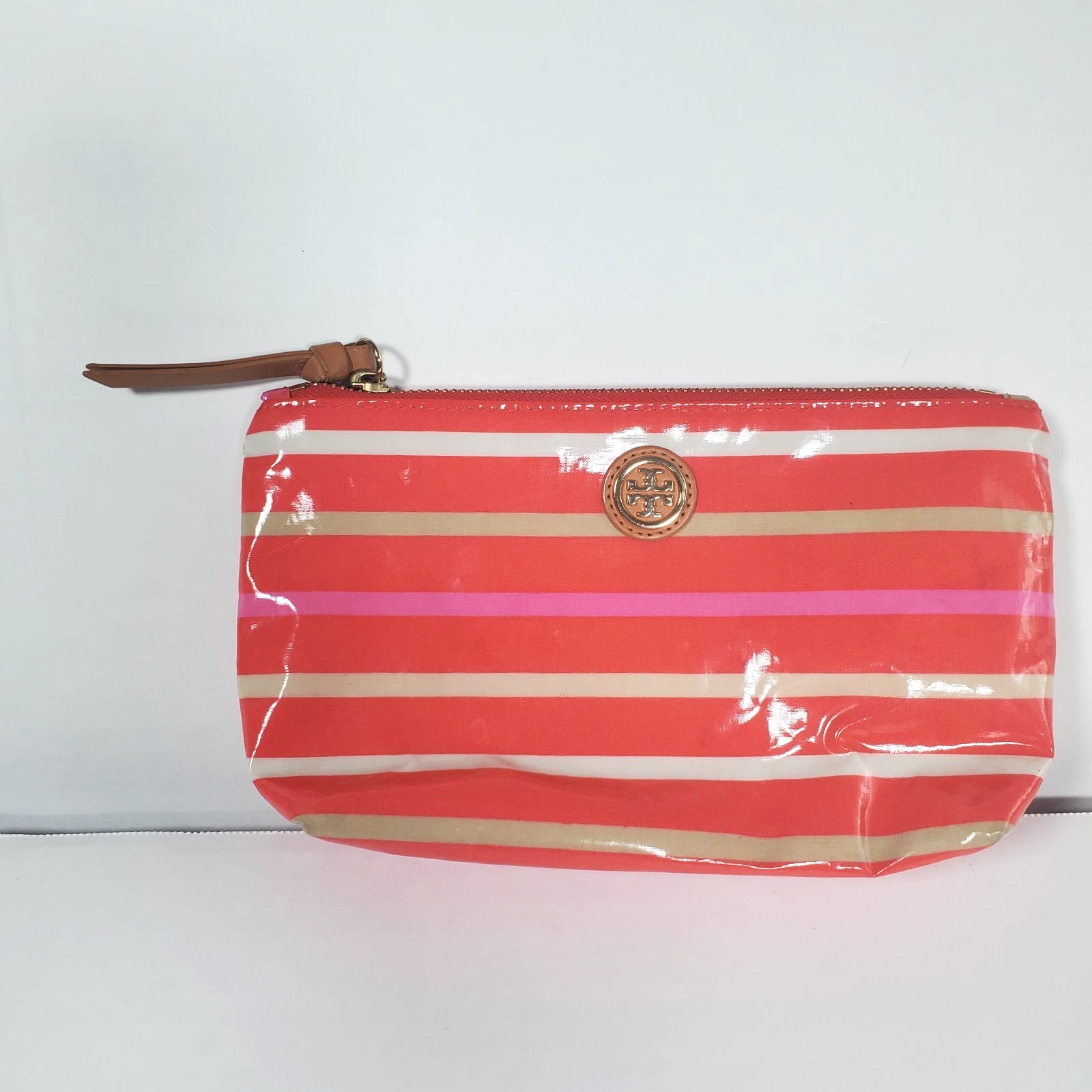 Tory Burch Women’s Cosmetic Bag Poppy Red Striped Brigitte Case Zip Log 5x9.25"