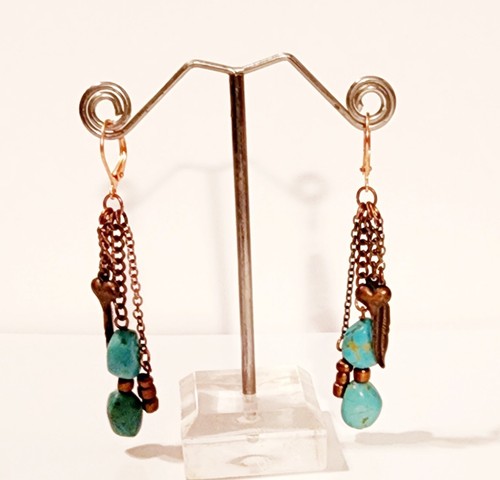 Turquoise Gemstone Earrings on Copper Leverbacks Dangle Chains Heart Leaf Charms - Picture 2 of 8