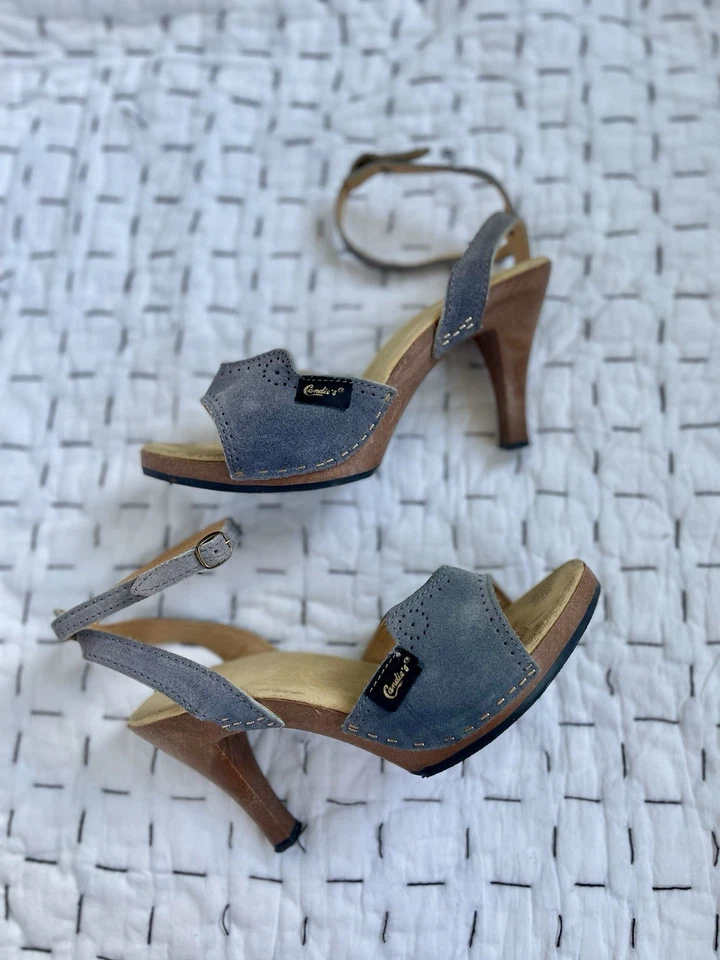 Vintage 7 38 Candies Suede Slide Sandals Heels Ankle Strap 70s Grey GUC - Image 2 of 4