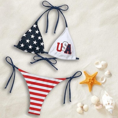 USA Flag Patriotic String Bikini Set American Stars Stripes Triangle Swimsuit