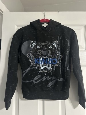 Kenzo Kids Paris Tiger Hoodie Black Blue Embroidered Sweatshirt Youth 10 A