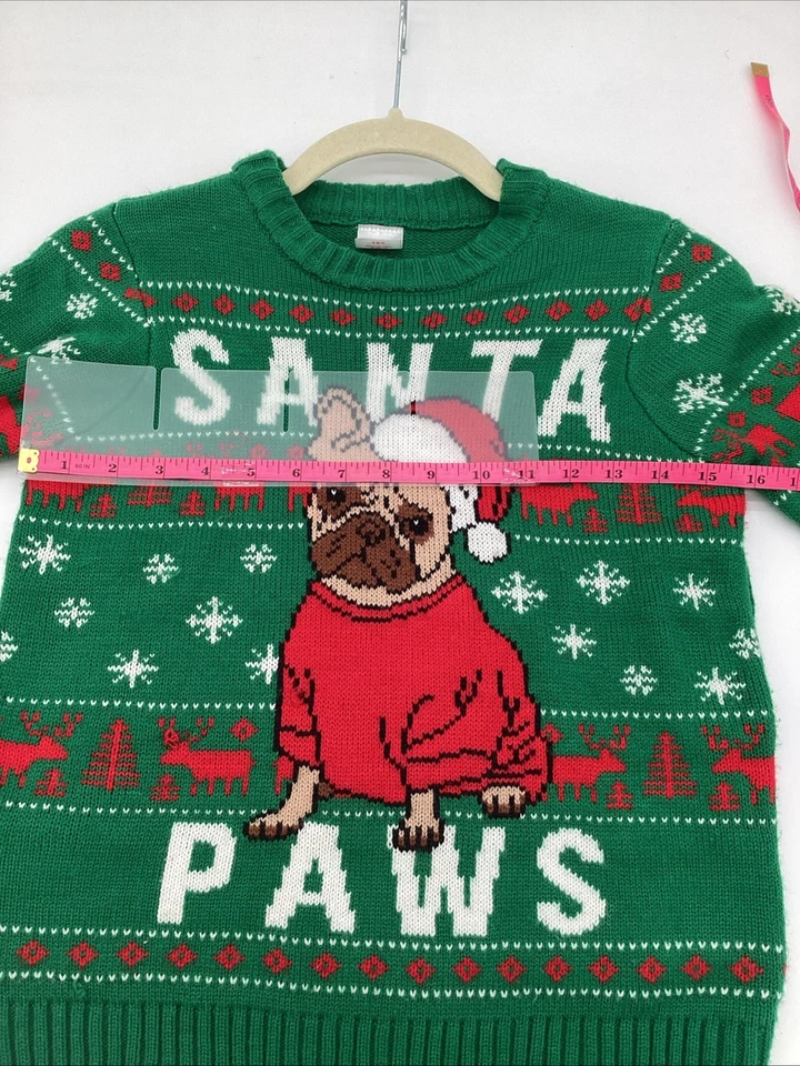 Suéter de Natal infantil Holiday Time Santa Paws S 6–7 verde buldogue francês Natal - Imagem 3 de 4