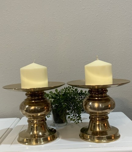 Vtg Solid Brass Round Heavy 6.5” D Pillar Base Candle Holder Set 6” H Taiwan - Picture 3 of 10