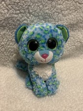 Ty Beanie Boos Leona The Leopard Cat Blue 6" Plush Green Glitter Eyes Pink nose