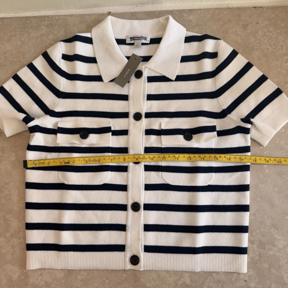 Cárdigan de manga corta con cuello a rayas azul marino J Crew para mujer talla XS algodón Foto 4 de 4