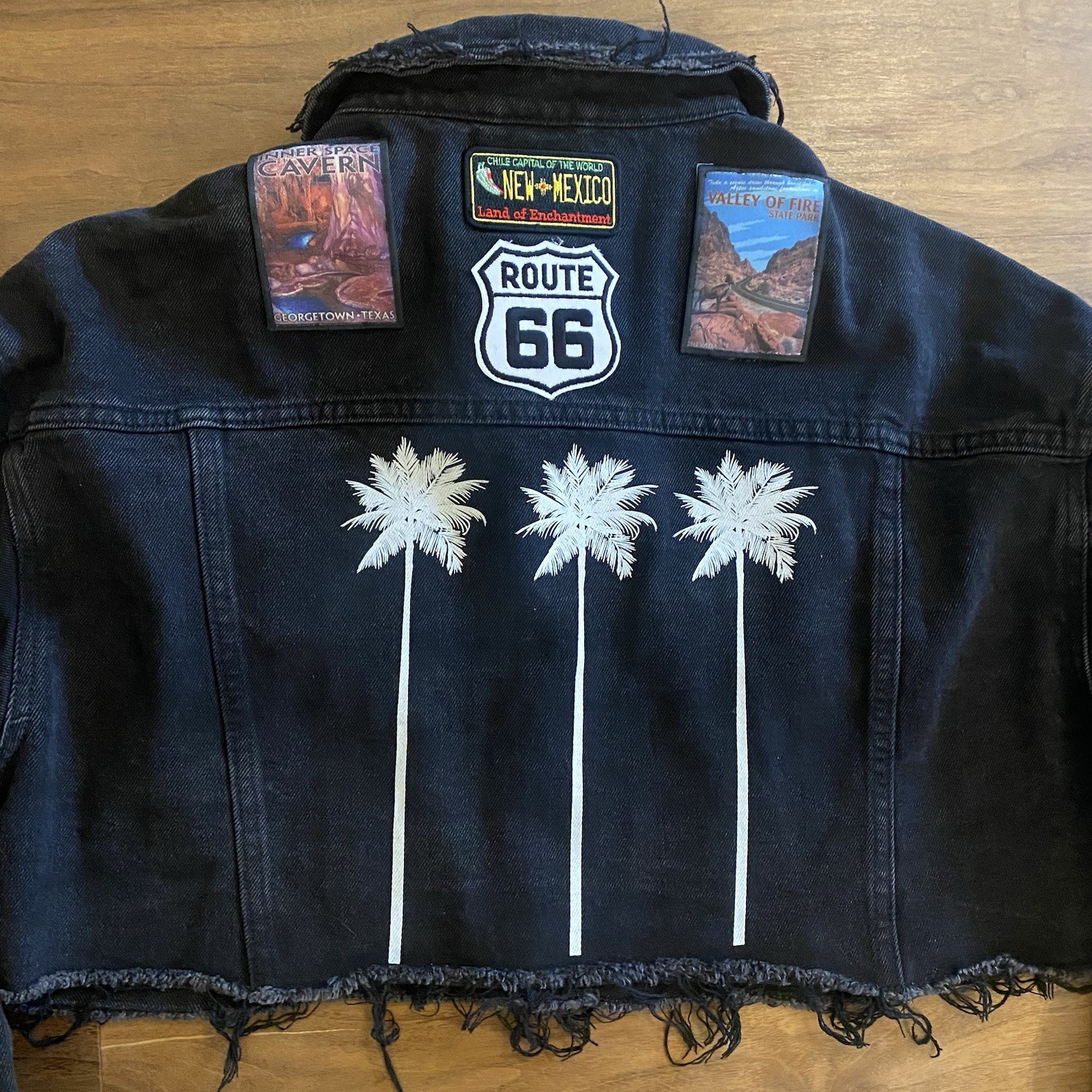 Cropped Black Denim Jacket Patchwork Route 66 Fes… - image 9